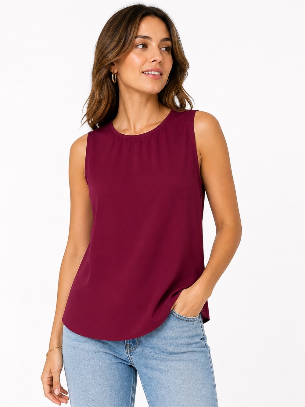THEORY Plum Sleeveless Blouse Urban Crepe Top Size L Minamilist Career Chic